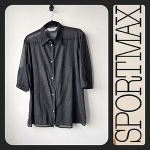 Sportmax Black Crepe Semi Sheer Button Down Short Sleeve Blouse
